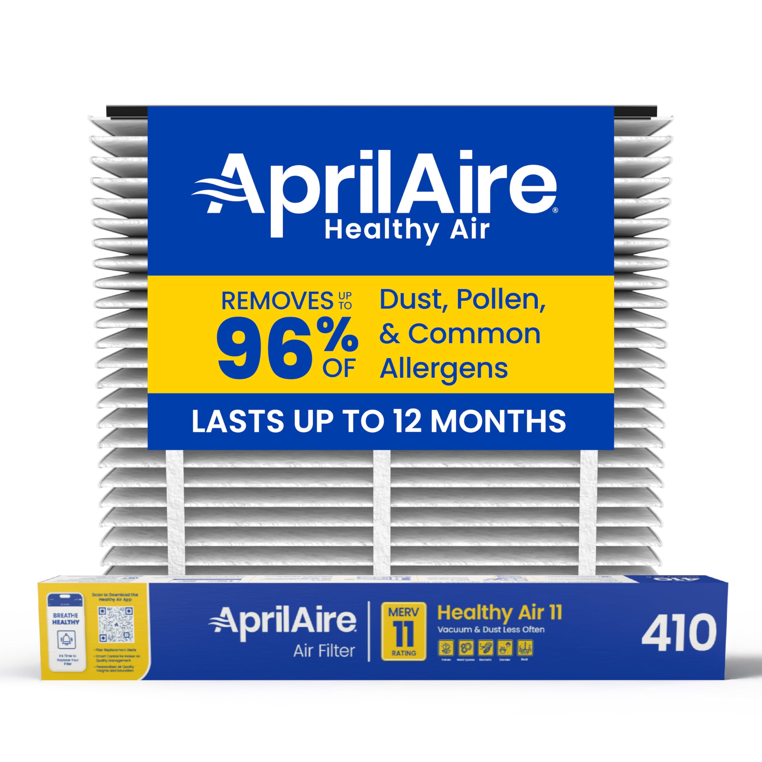 Aprilaire 410 empaque frontal mostrando filtro genuino y dimensiones, mejora aire interior