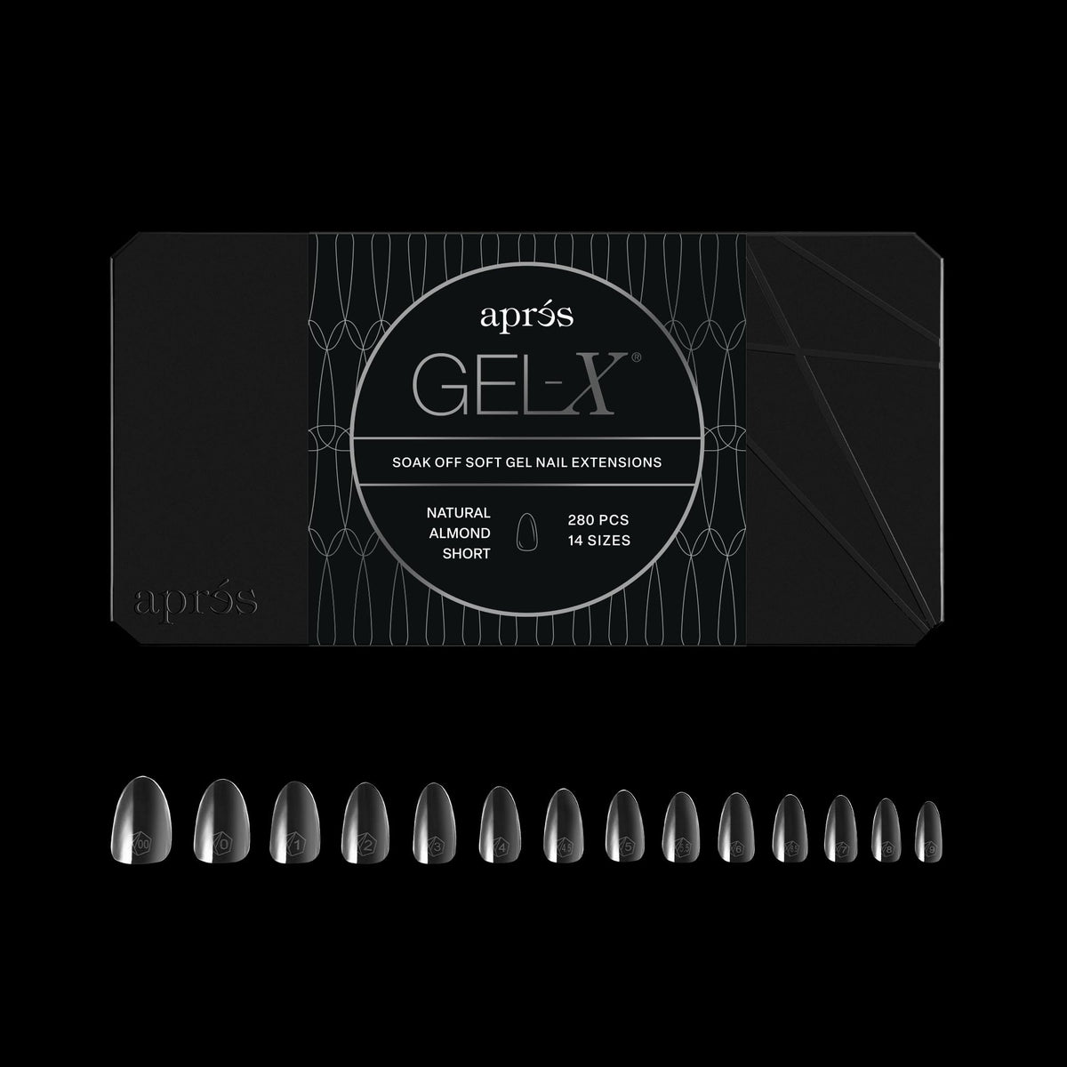 APRÉS caja frontal de Gel-X Almond mostrando 280 puntas y beneficios