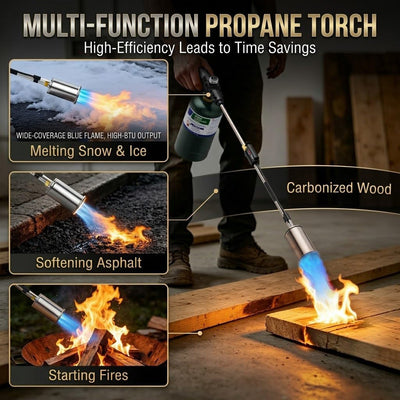 ApyraX torch melting ice on a driveway, showing efficient snow and ice removal advantage