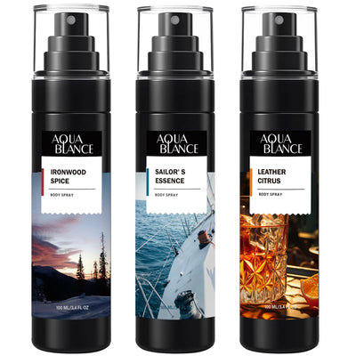 AQUA BLANCE pack frontal mostrando las tres fragancias y su beneficio de variedad