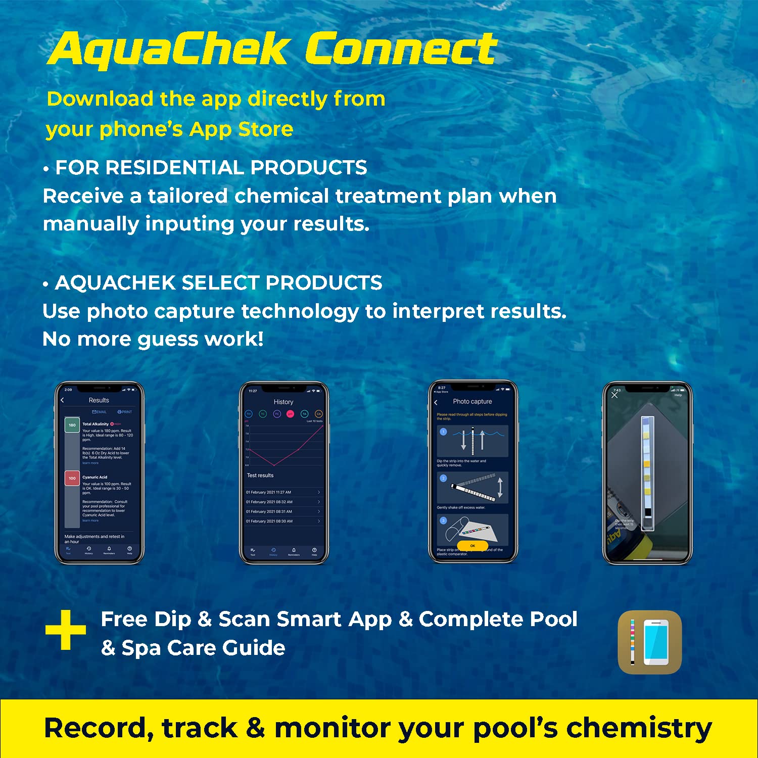 AquaChek app móvil leyendo la tira y ofreciendo recomendaciones precisas