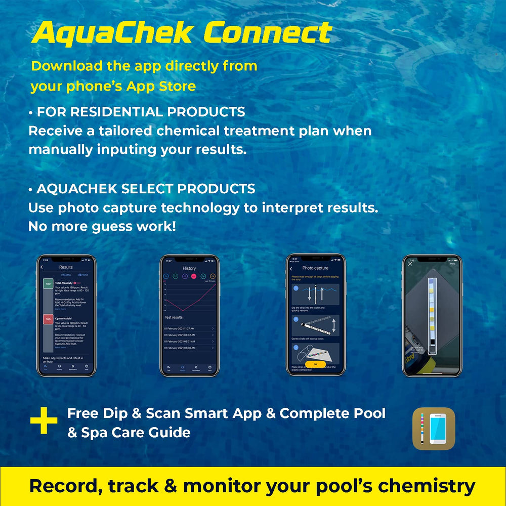 AquaChek app móvil leyendo la tira y ofreciendo recomendaciones precisas