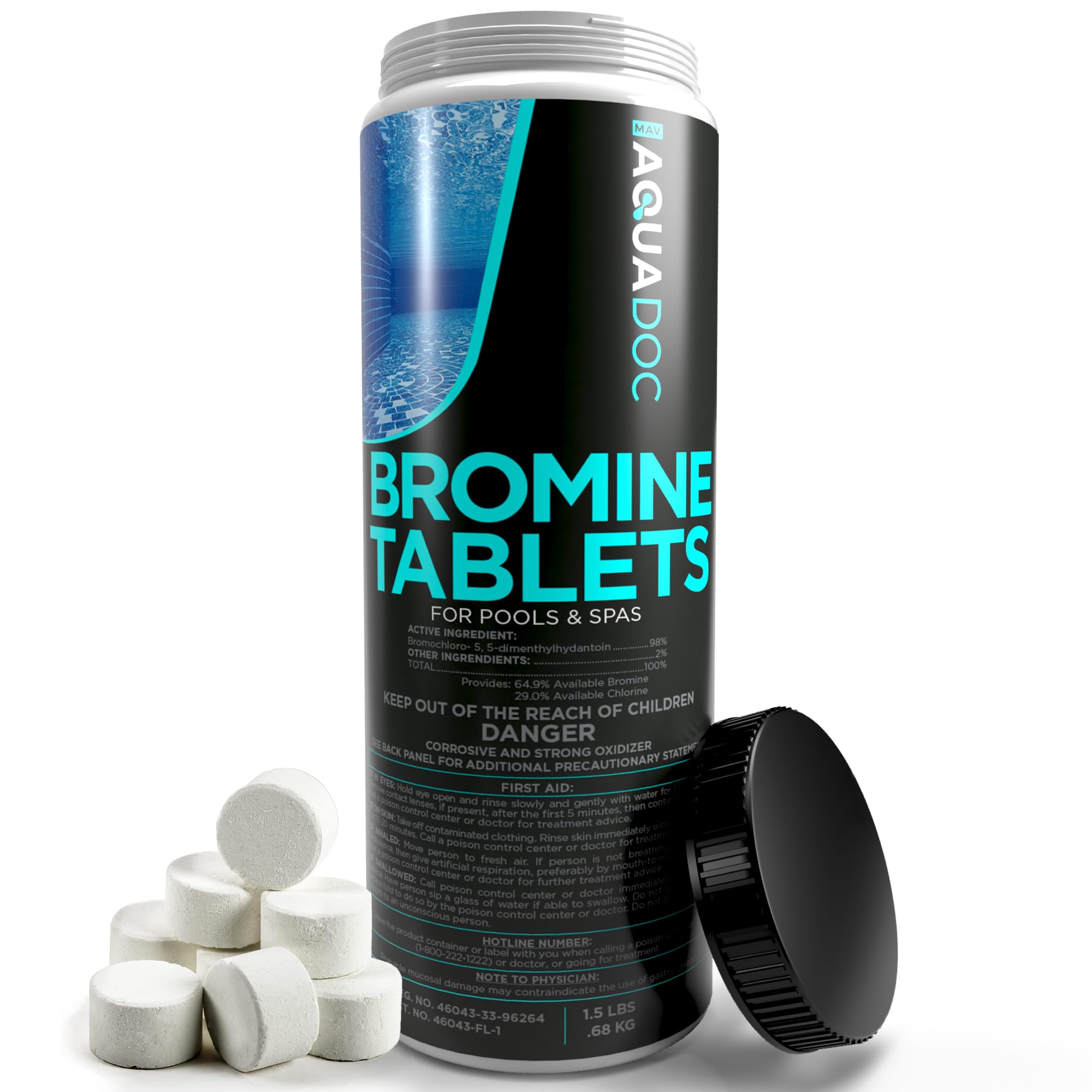 AquaDoc empaque frontal mostrando caja de pastillas de bromo y beneficio de dosificación precisa