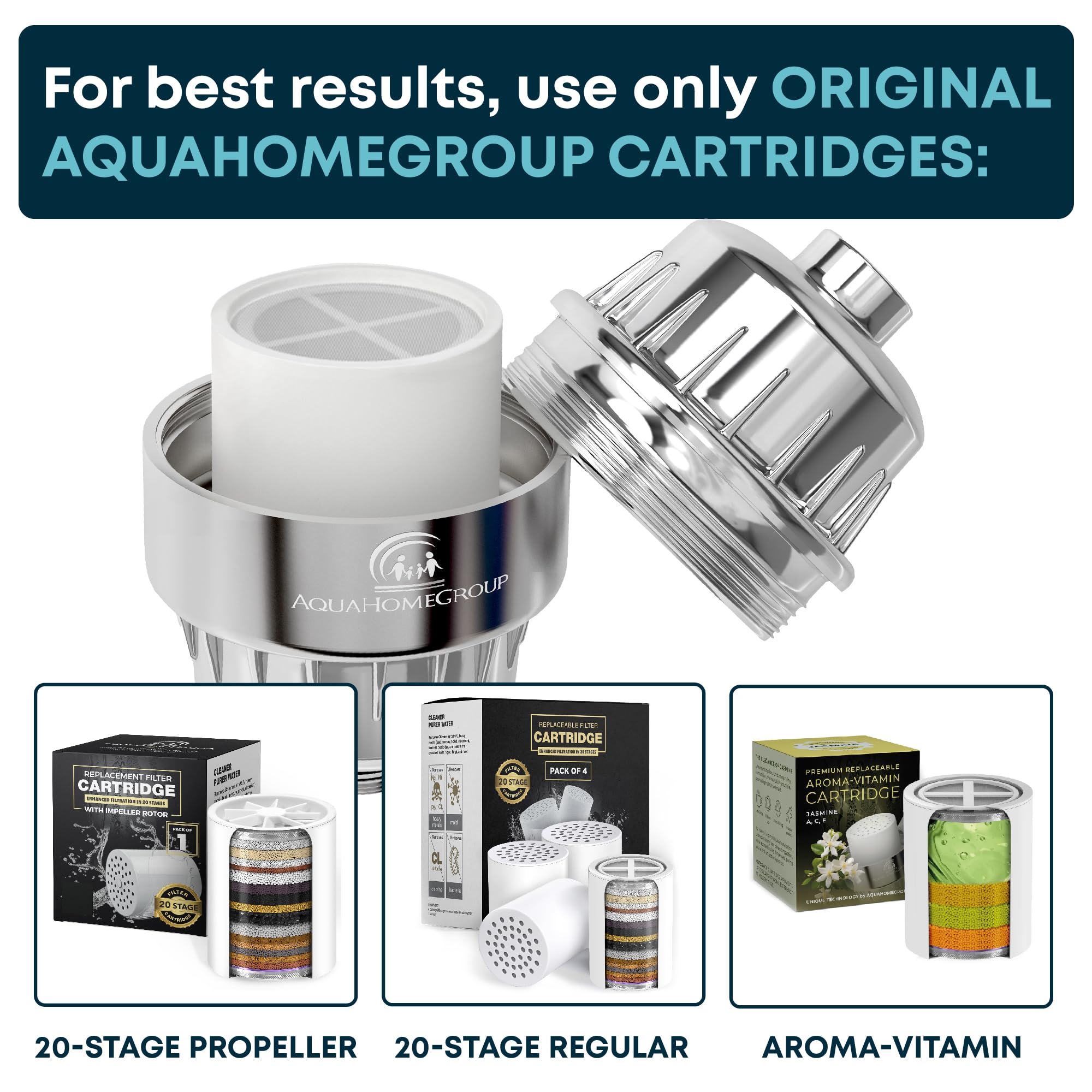 AquaHomeGroup etiqueta del producto con especificaciones y etapas de filtración claras