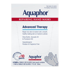 Aquaphor front packaging showing six repairing hand masks and benefits