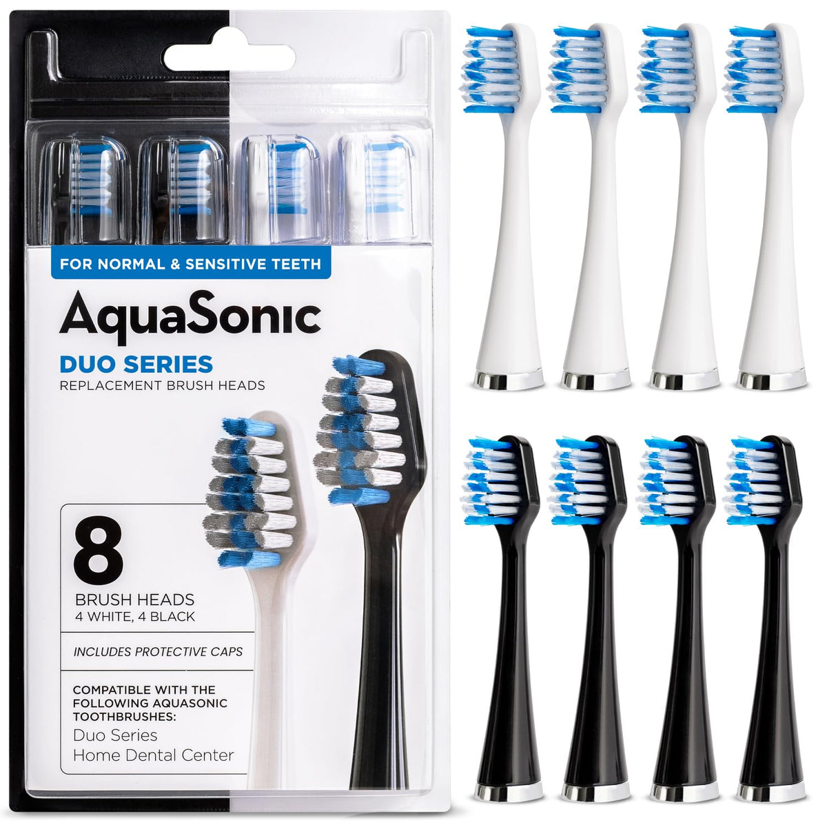 AquaSonic vista frontal del paquete que muestra 8 cabezales y su beneficio de recambio confiable