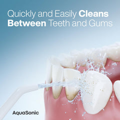 Aquasonic boquilla rotativa 360° enfocando limpieza precisa entre dientes