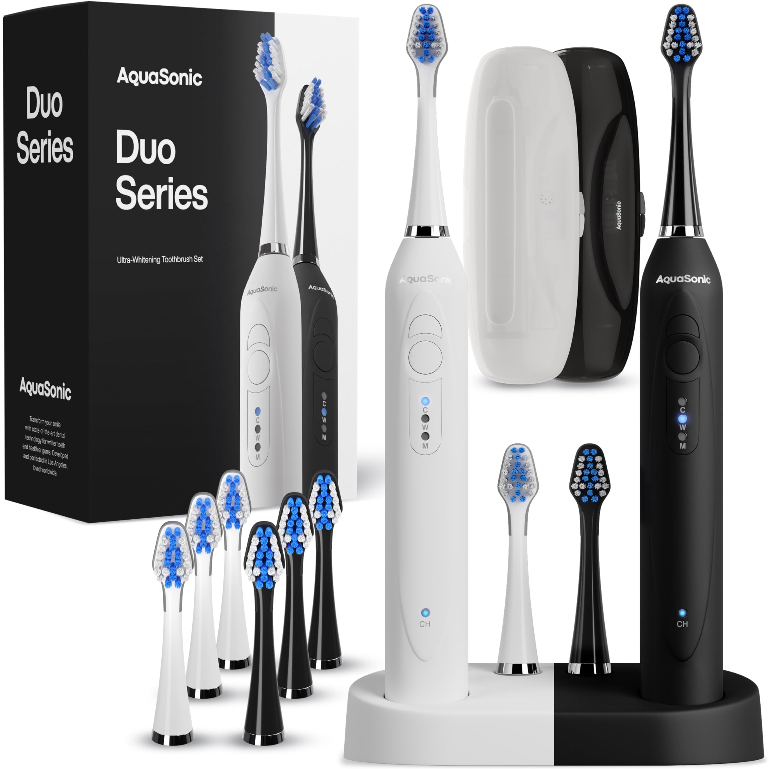 Aquasonic dual-handle set front packaging showing full contents and benefits