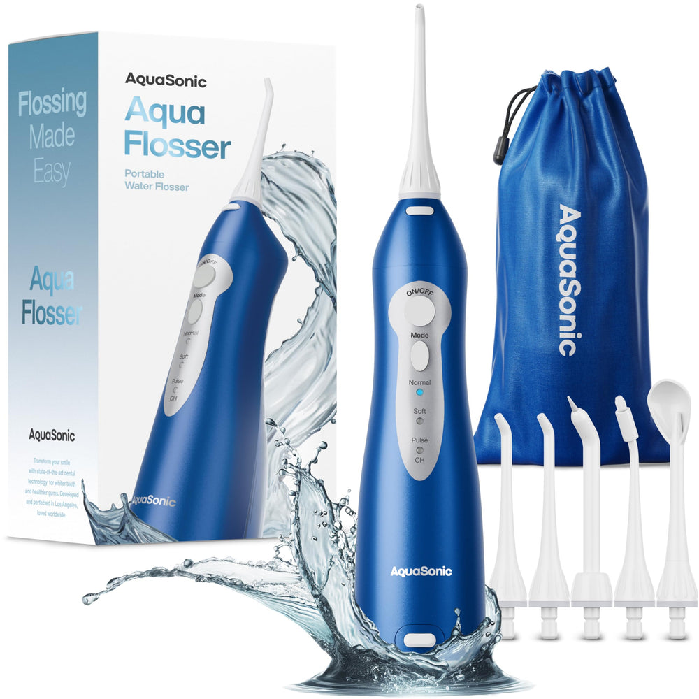 AquaSonic vista frontal del irrigador portátil con diseño compacto y control claro