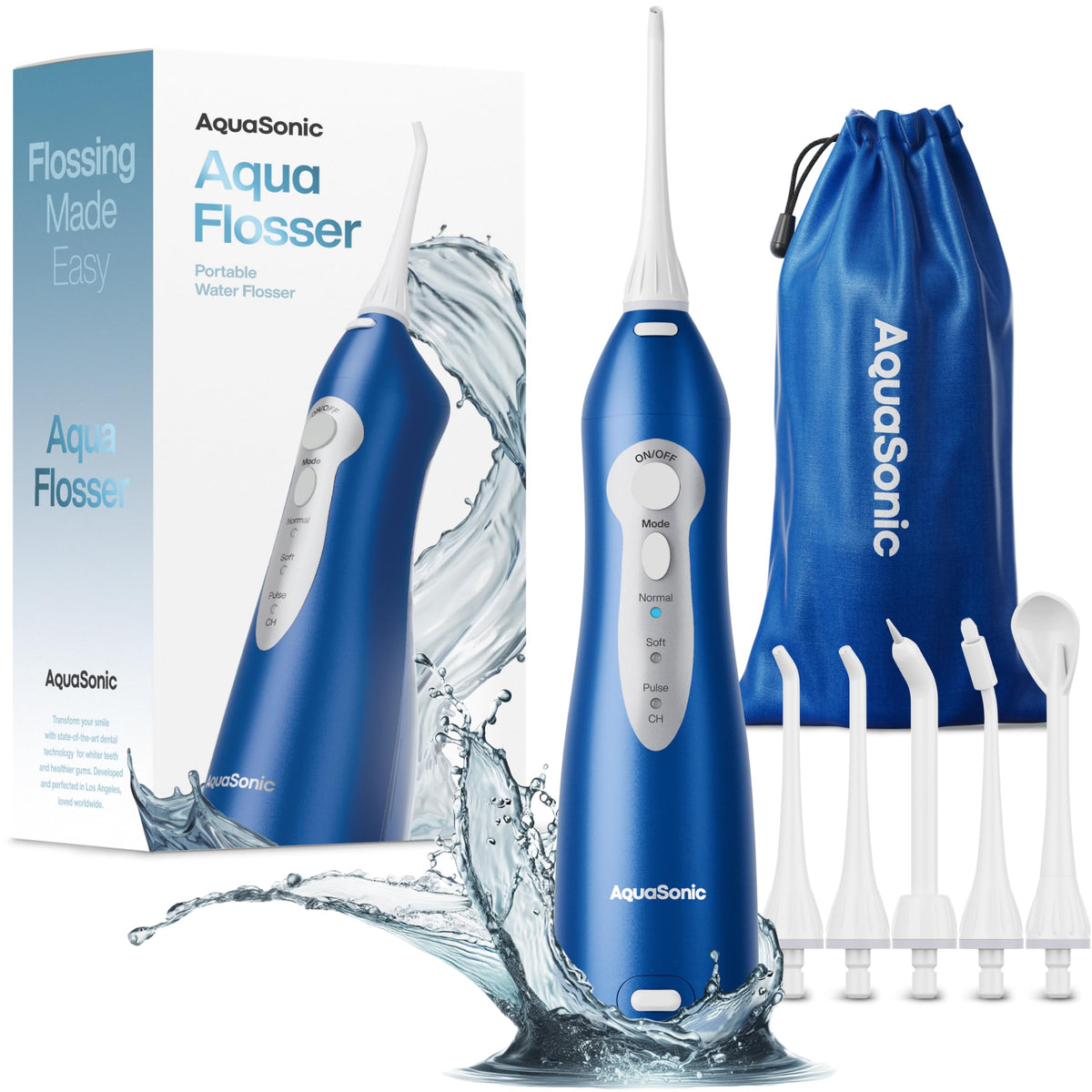 AquaSonic vista frontal del irrigador portátil con diseño compacto y control claro