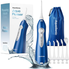 AquaSonic vista frontal del irrigador portátil con diseño compacto y control claro