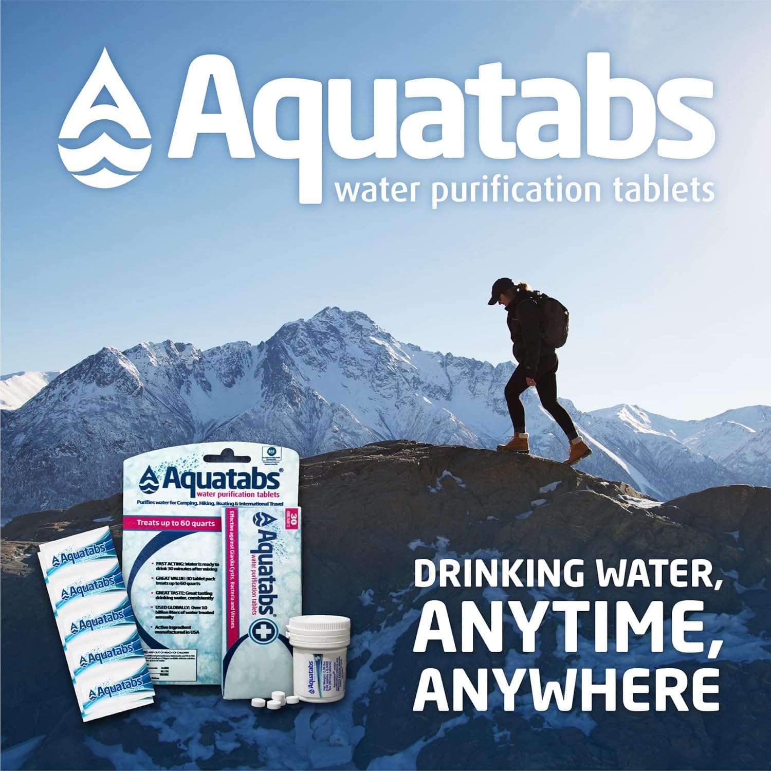 Aquatabs on a campsite table with water bottle showing preparedness