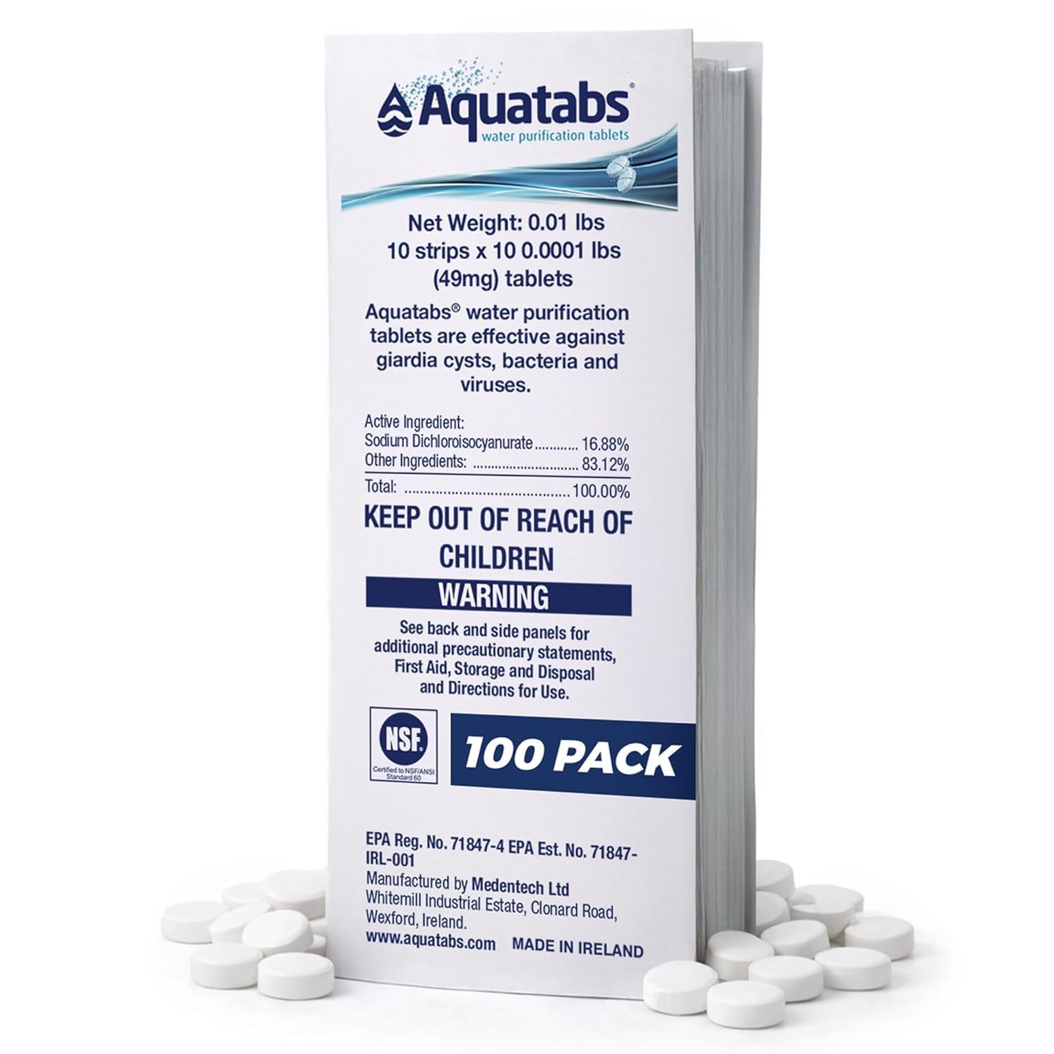 Aquatabs front packaging showing 100-pack and benefits