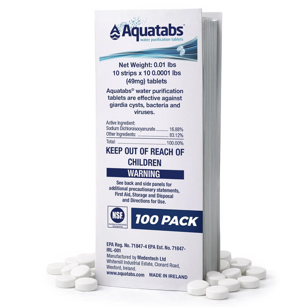 Aquatabs front packaging showing 100-pack and benefits