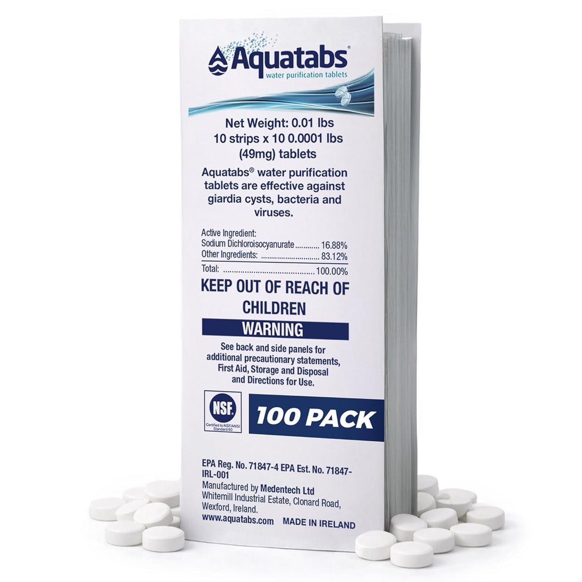 Aquatabs front packaging showing 100-pack and benefits
