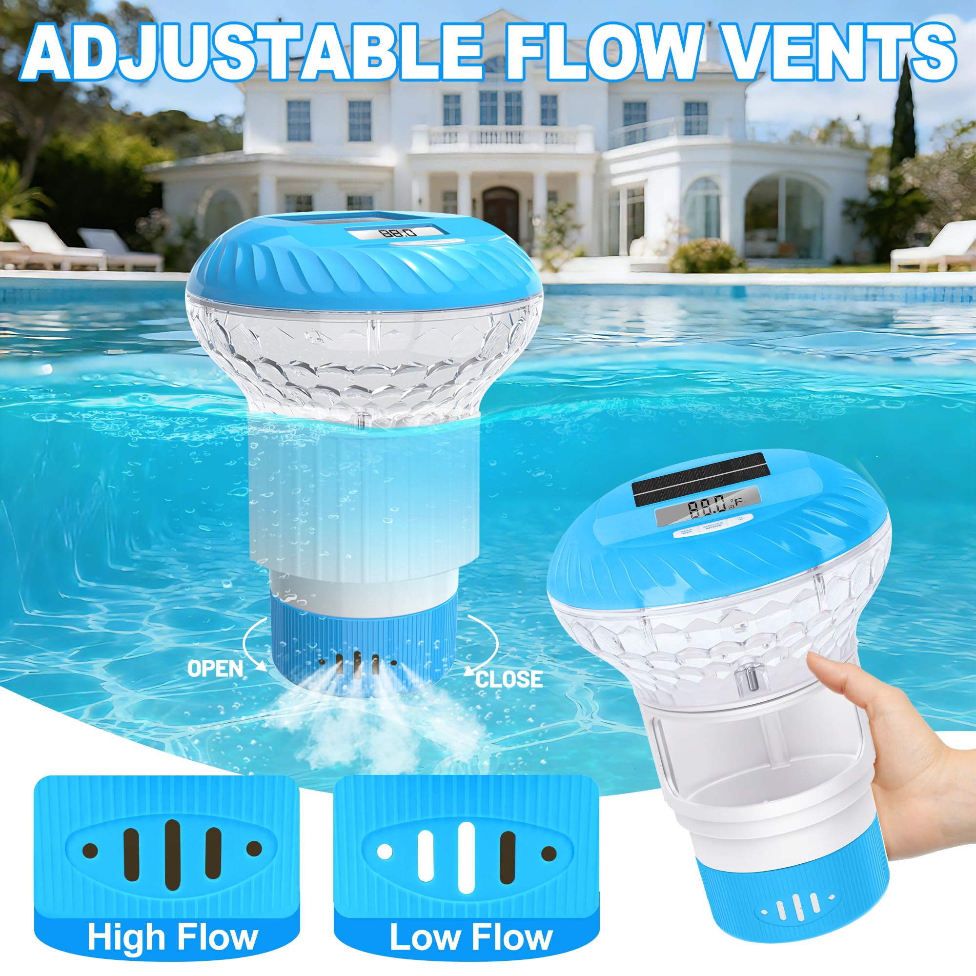 AquClor flotador en uso en piscina proporcionando dosificación y estética visible