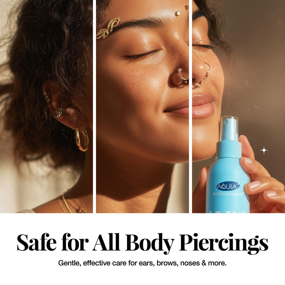 Aquia uso corporal en zona de piercing para cuidado y limpieza puntual