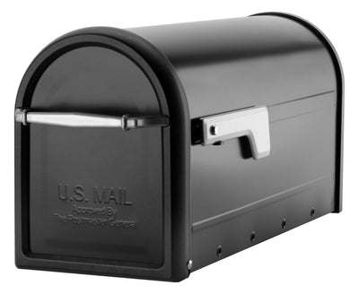Architectural Mailboxes Chadwick vista frontal en poste mostrando acabado negro satinado y elegancia