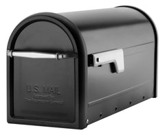 Architectural Mailboxes Chadwick vista frontal en poste mostrando acabado negro satinado y elegancia