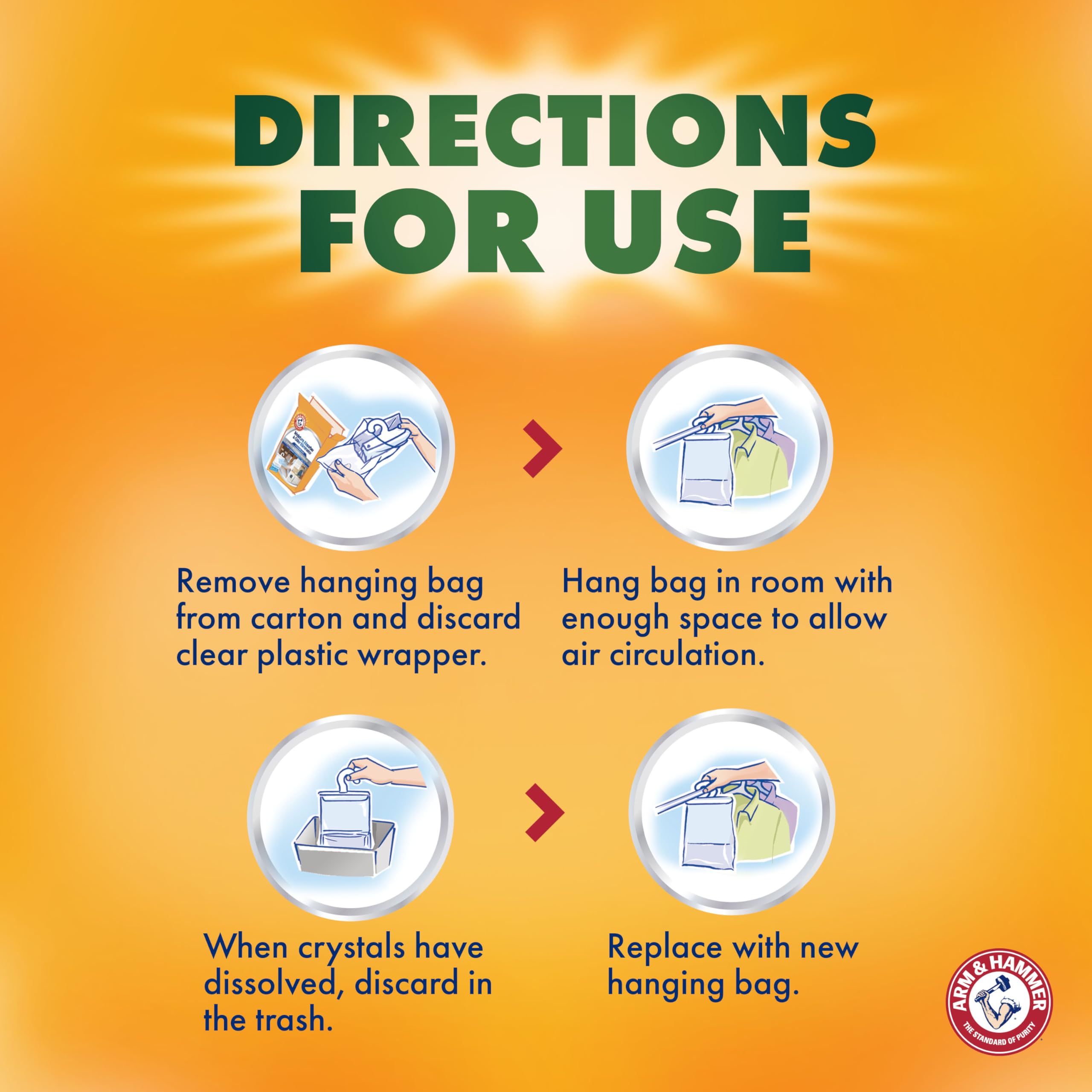 Arm & Hammer bolsa colgante en lavandería ilustrando uso y frescura prolongada