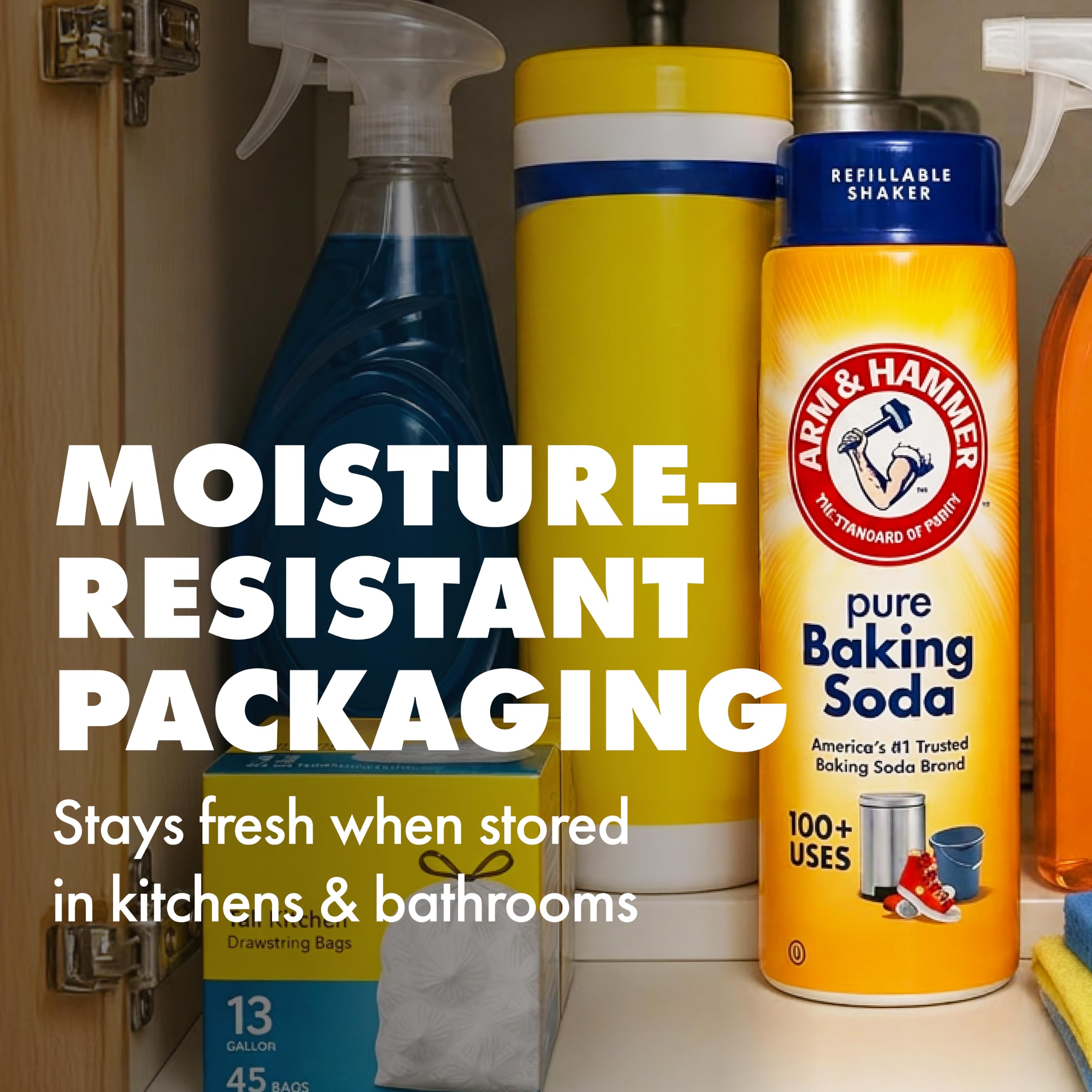 Arm & Hammer etiqueta informativa cerca mostrando 100% puro y sin aditivos