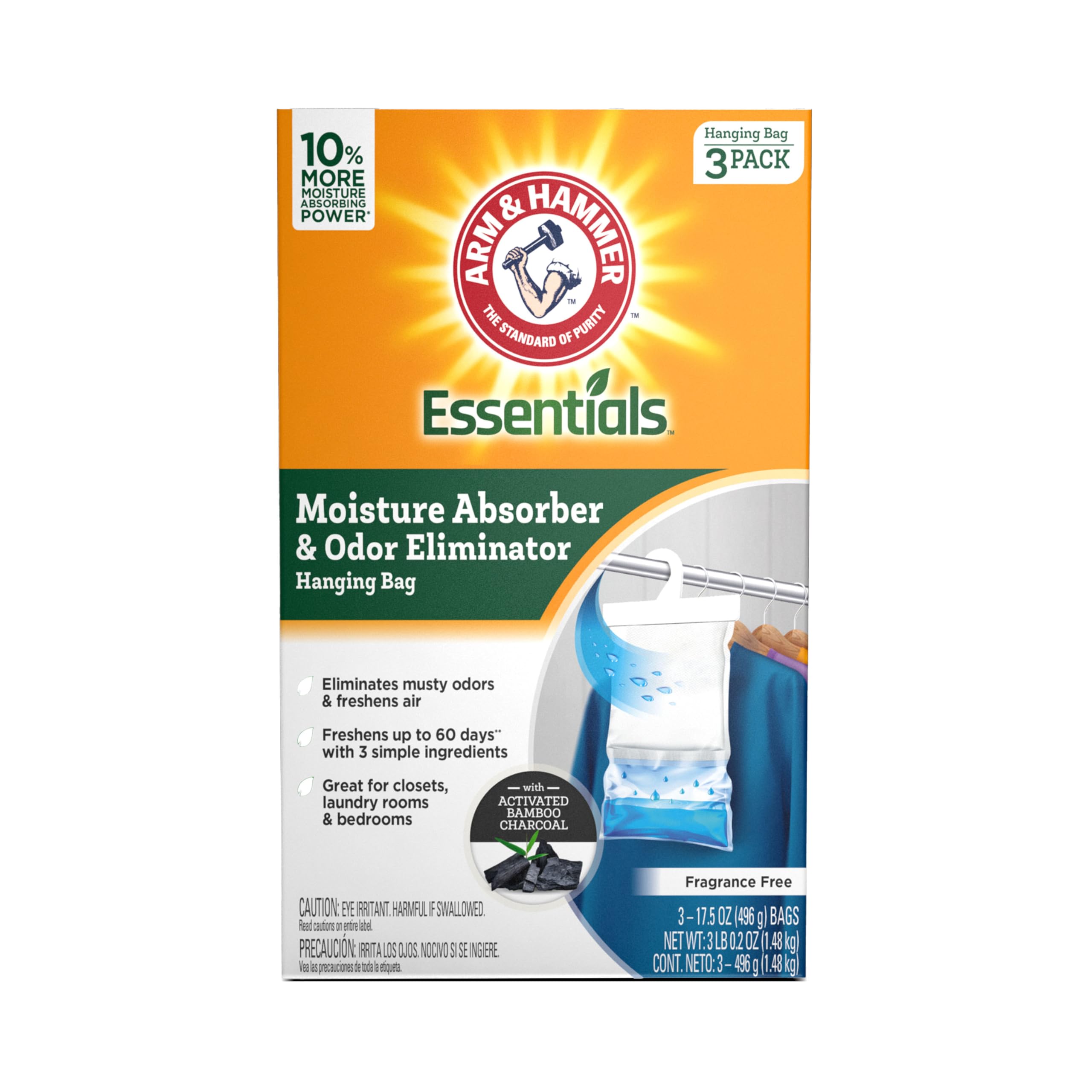 Arm & Hammer frente del paquete mostrando tres bolsas y ventaja sin fragancia