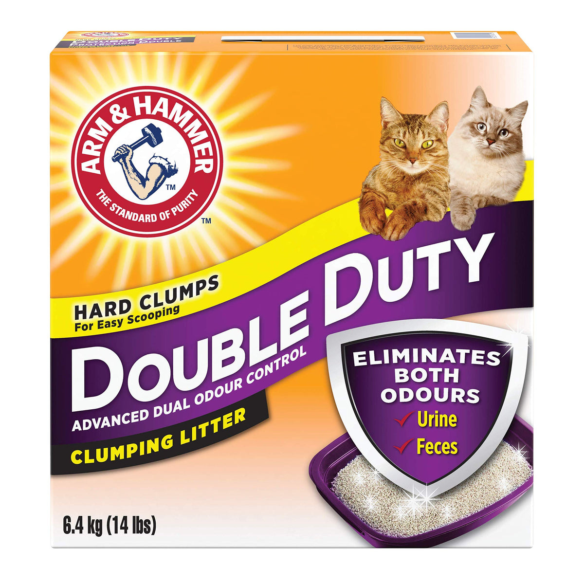 Arm & Hammer front packaging showing 6.4kg tub and clear benefits