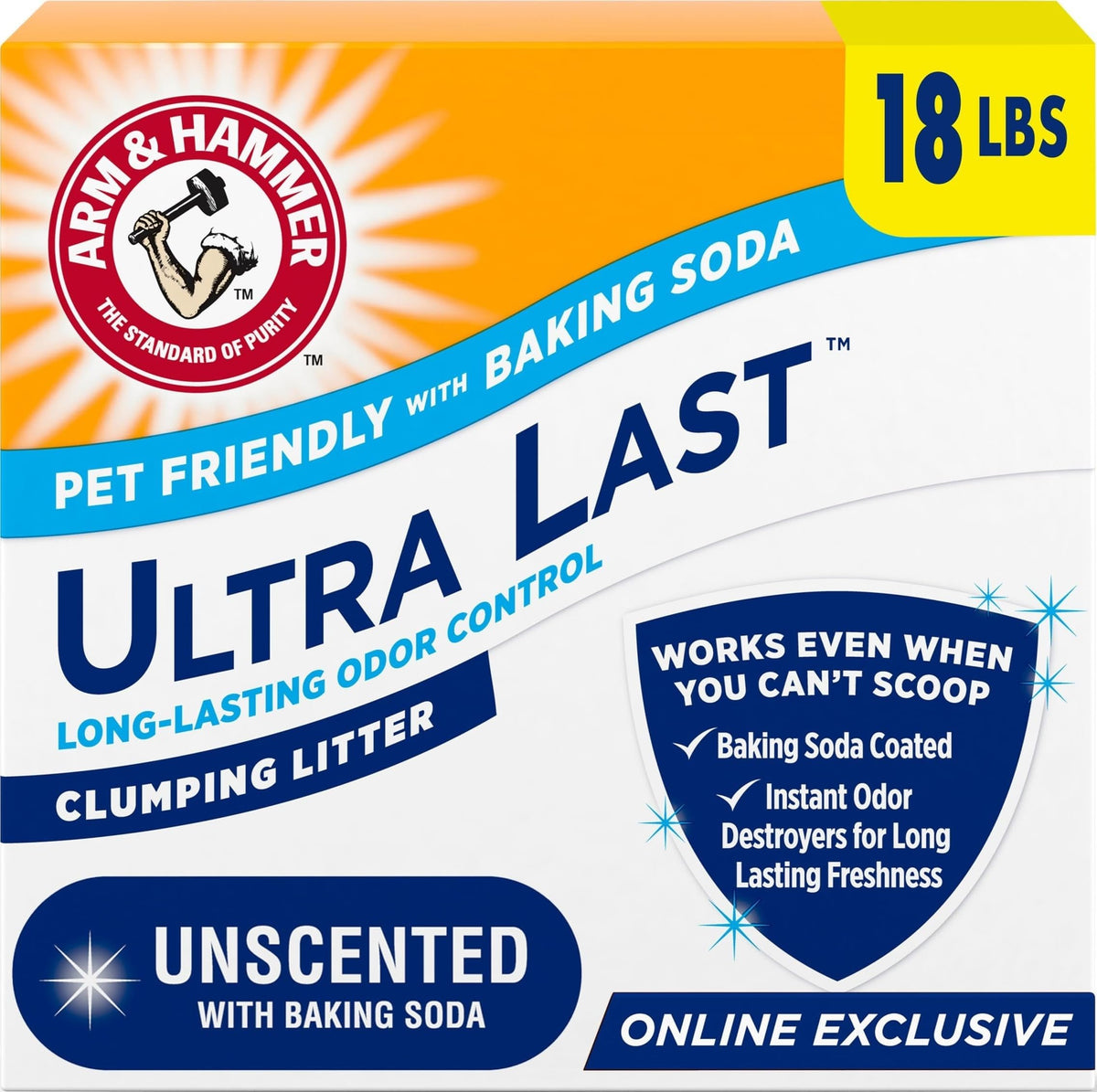 Arm & Hammer paquete frontal mostrando 18 lb y marca, beneficio control de olores