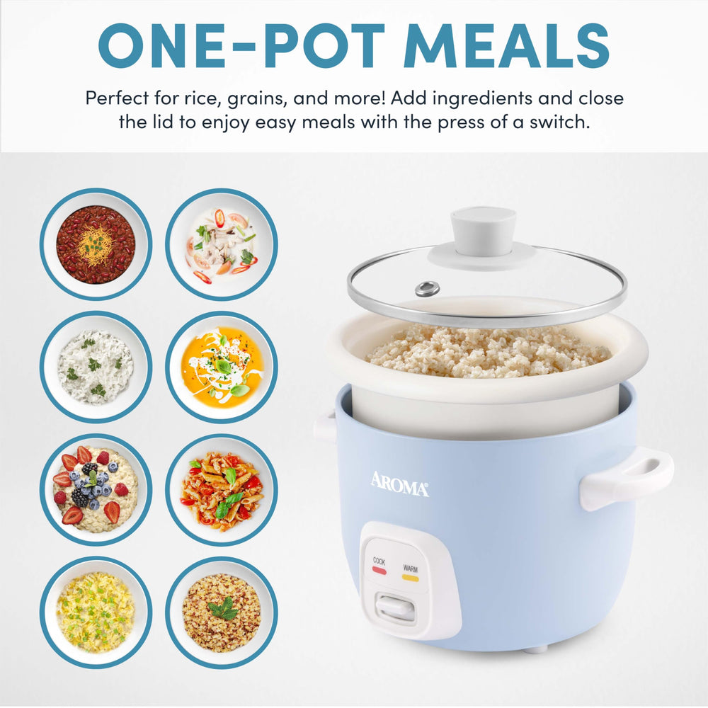 AROMA cooker open with steamed rice ready and fluffy for convenient serving