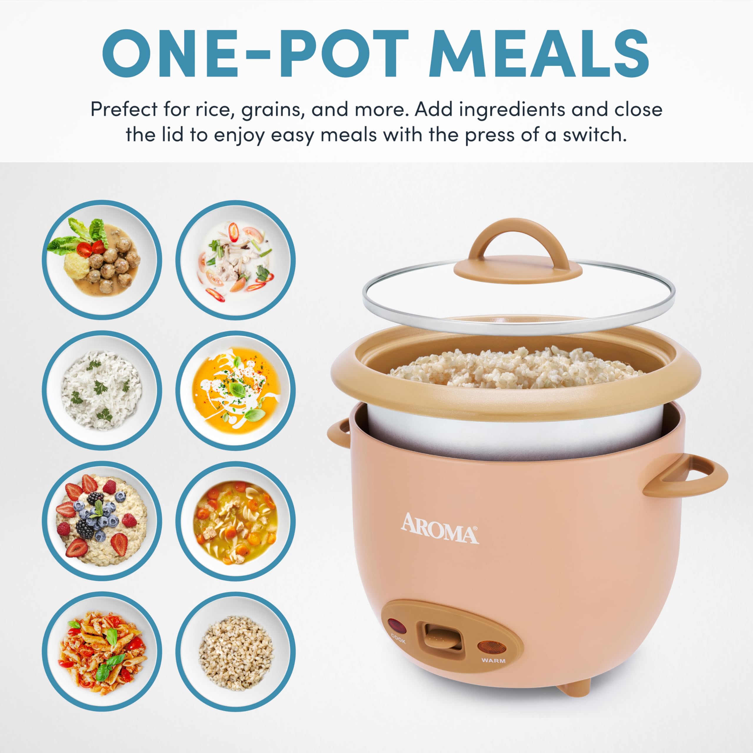 AROMA CoreCoat ceramic inner pot close-up highlighting PFAS-free nonstick for fast cleanup