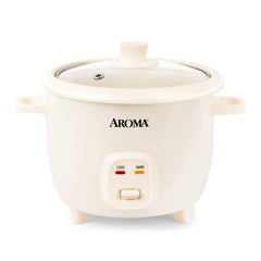 AROMA vista frontal de la olla arrocera con tapa, diseño compacto y práctico