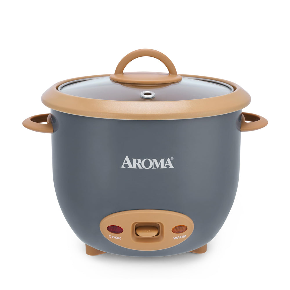 AROMA front view of pot-style rice cooker showing compact design and one-touch button