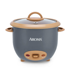 AROMA front view of pot-style rice cooker showing compact design and one-touch button
