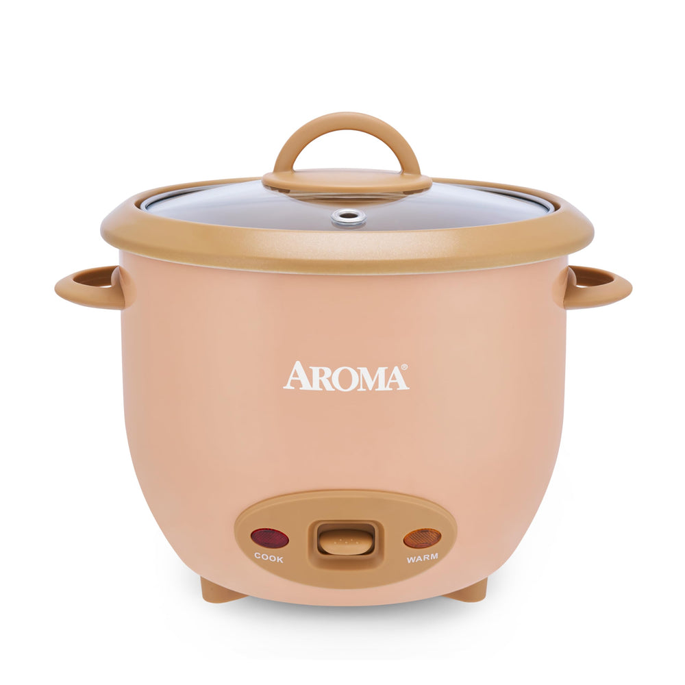 AROMA front view rice cooker showing compact design and colorful panel benefit easy storage
