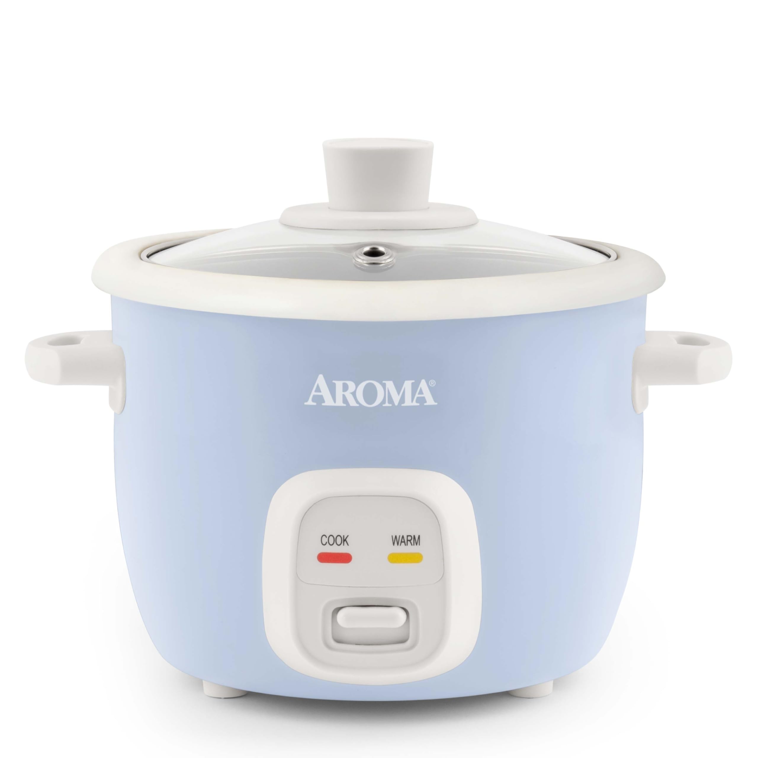AROMA mini rice cooker front view showing control and compact size for small kitchens