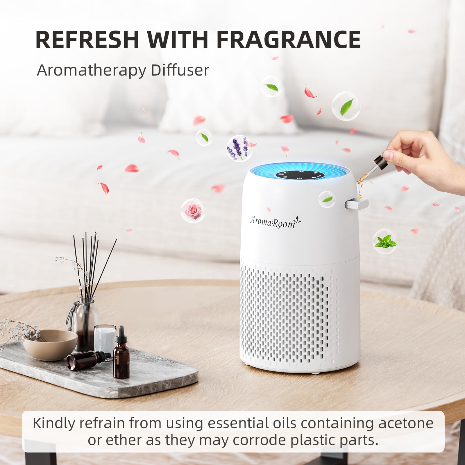 Aroma Room en modo sueño con luz tenue ideal para descanso sin ruido