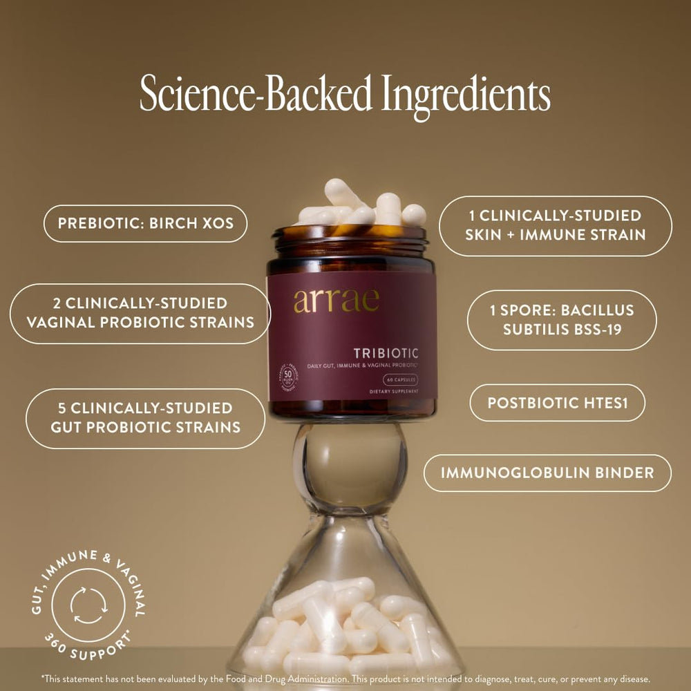 Arrae Tribiotic open bottle with capsules demonstrating quantity