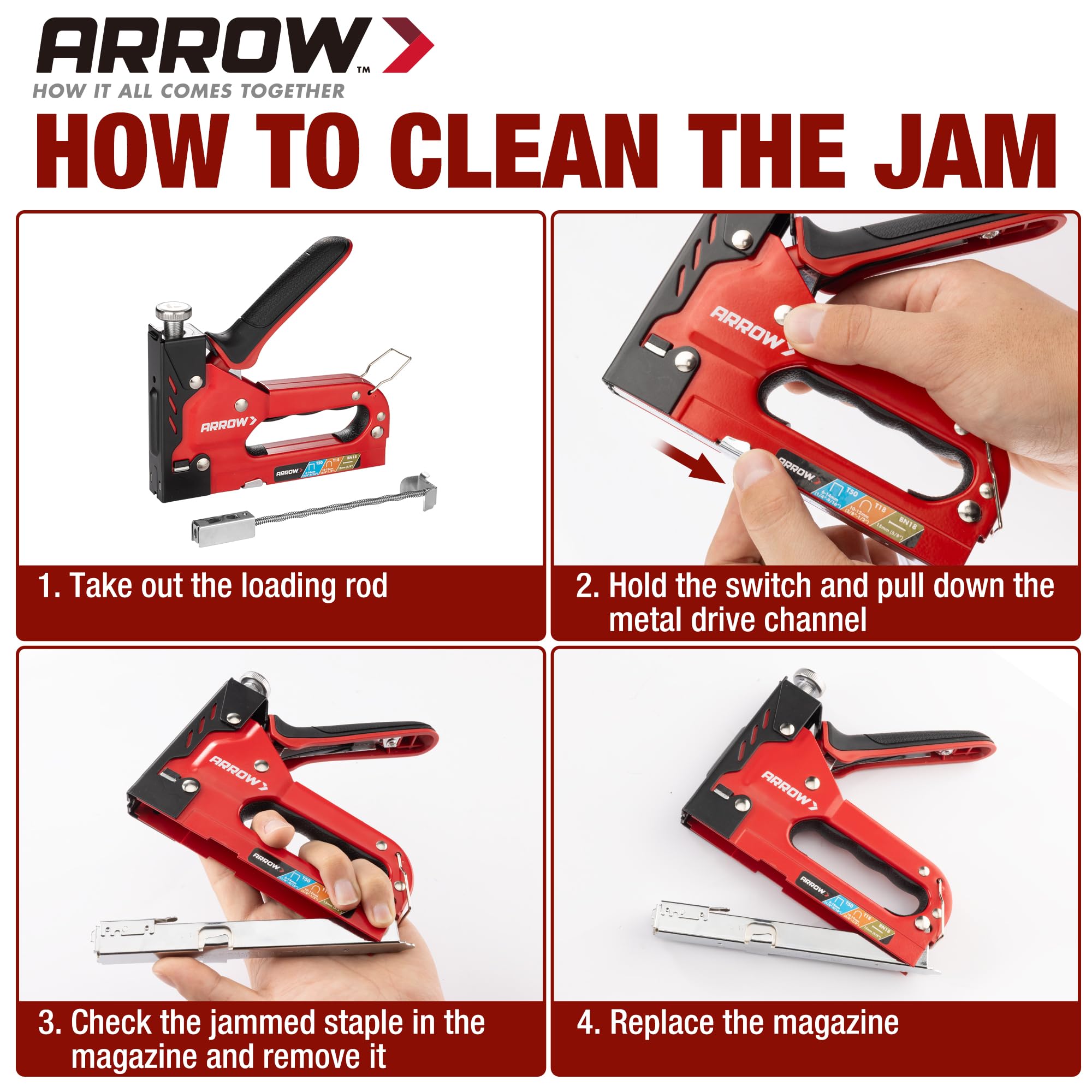 Arrow Fastener comparativa de escala con mano para entender tamaño y manejo cómodo