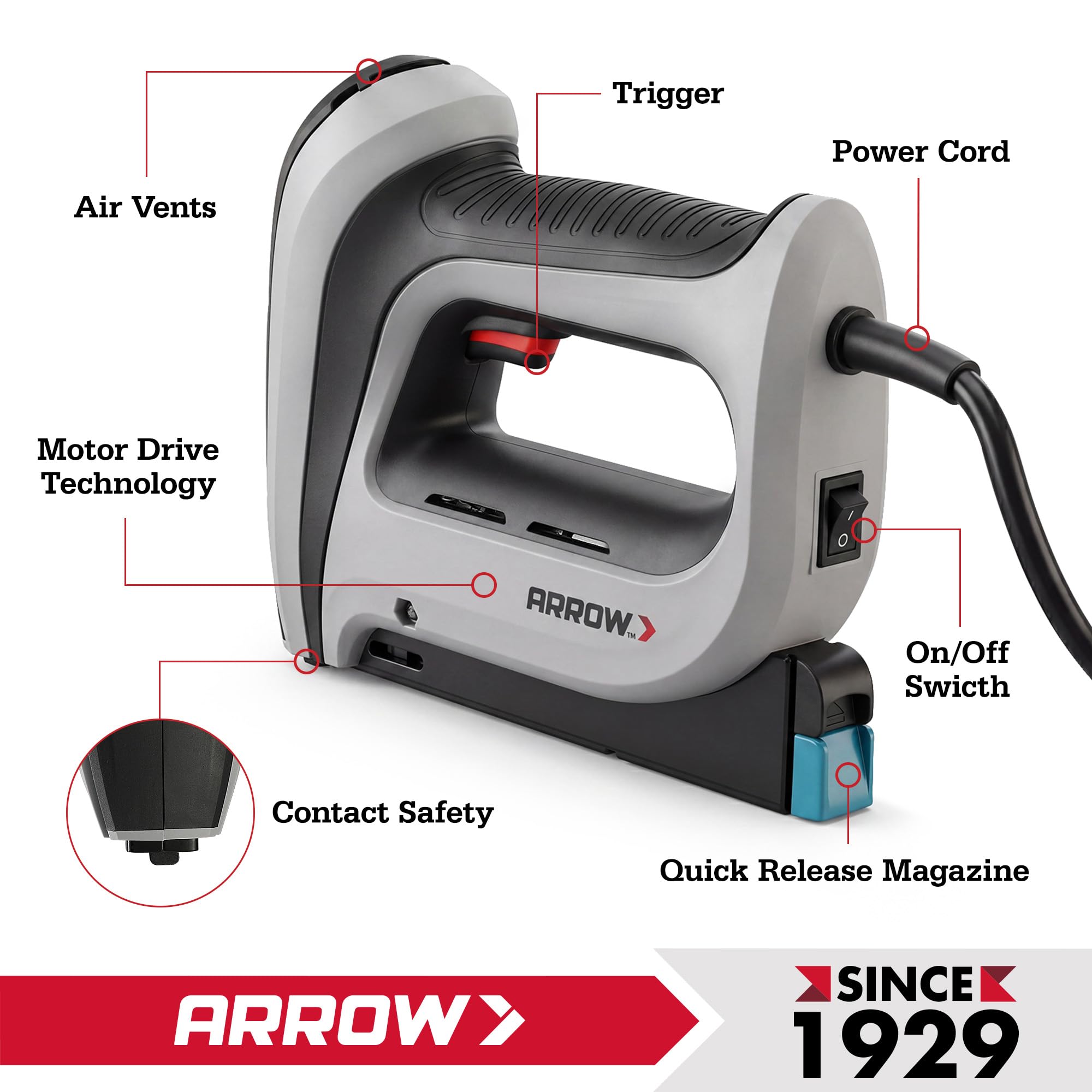 Arrow T50ACD comparación de tamaño junto a una regla para escala y manejo práctico
