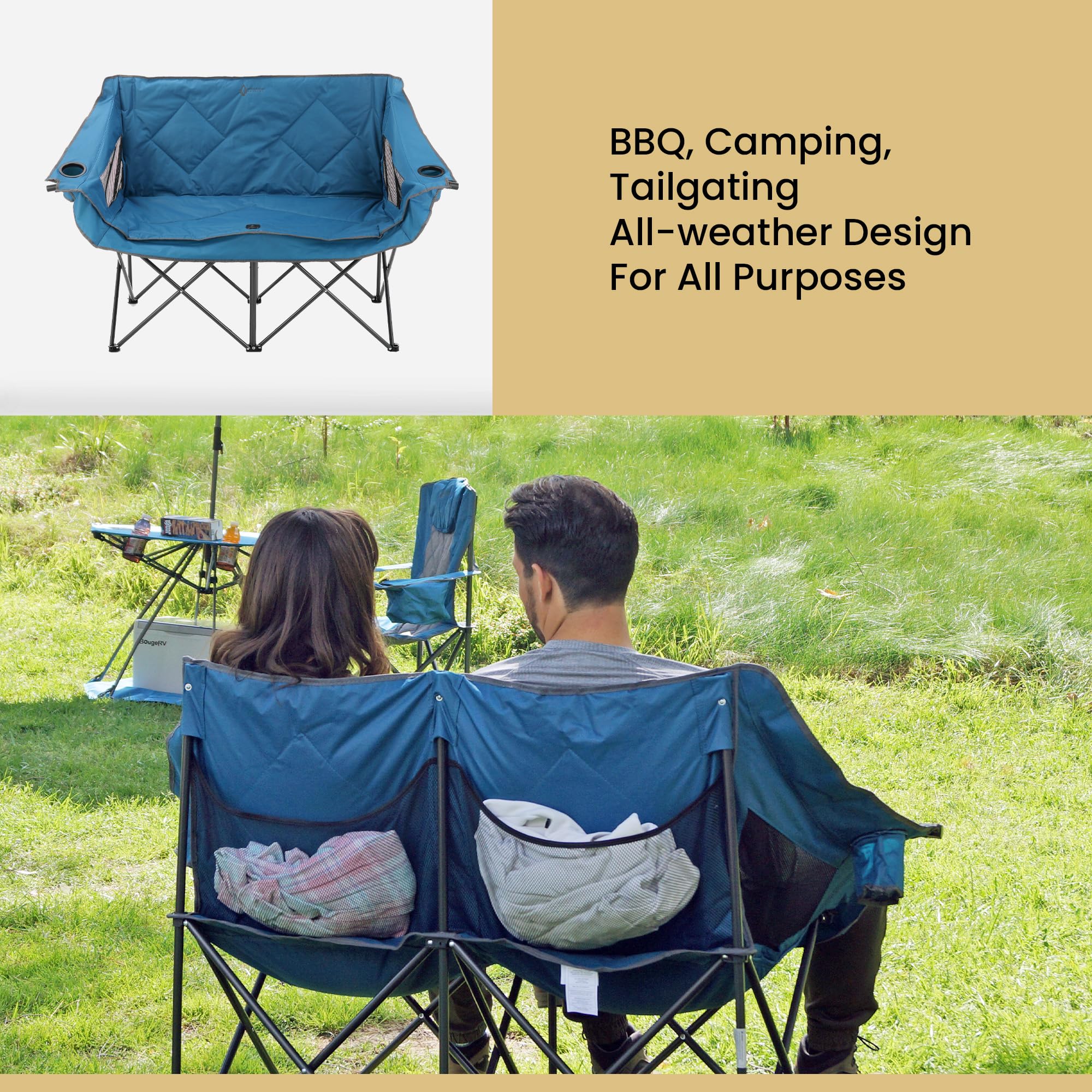 ARROWHEAD OUTDOOR loveseat en camping mostrando uso práctico al aire libre