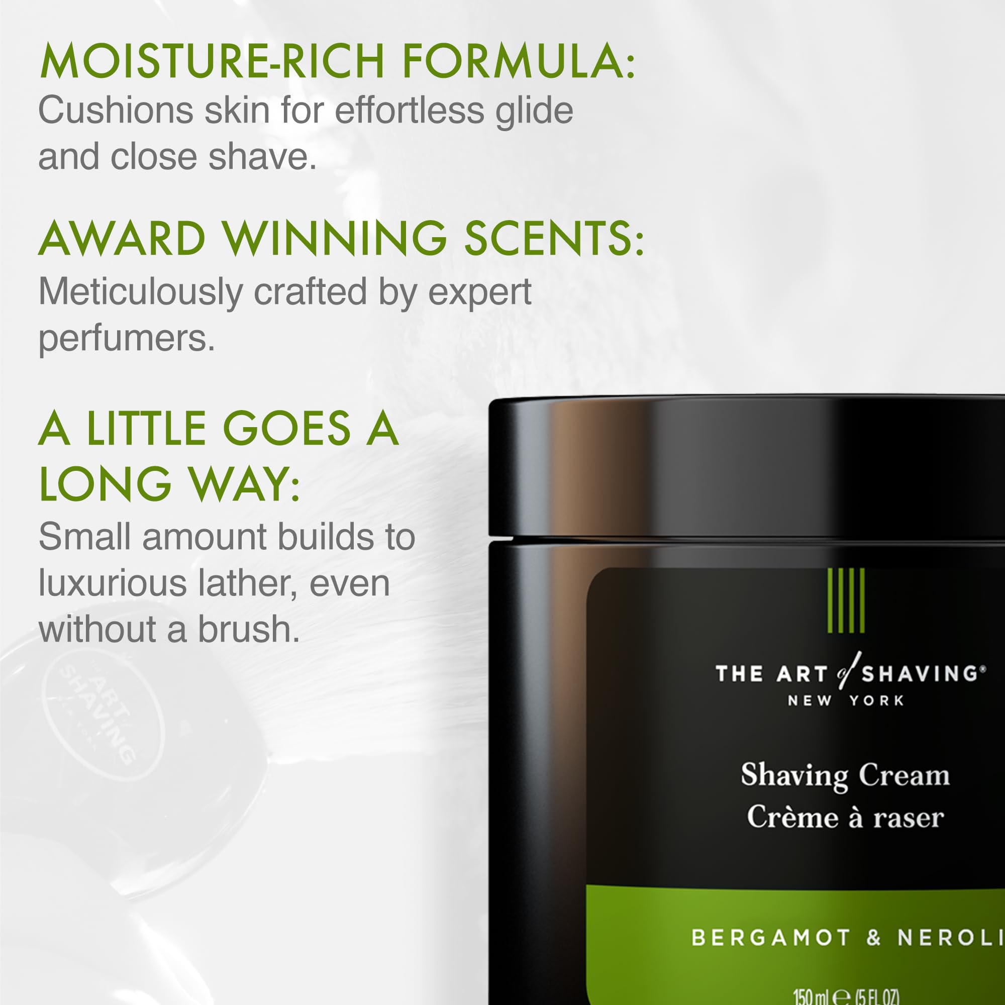 The Art of Shaving rich lather close-up illustrating dense foam and improved razor glide benefit