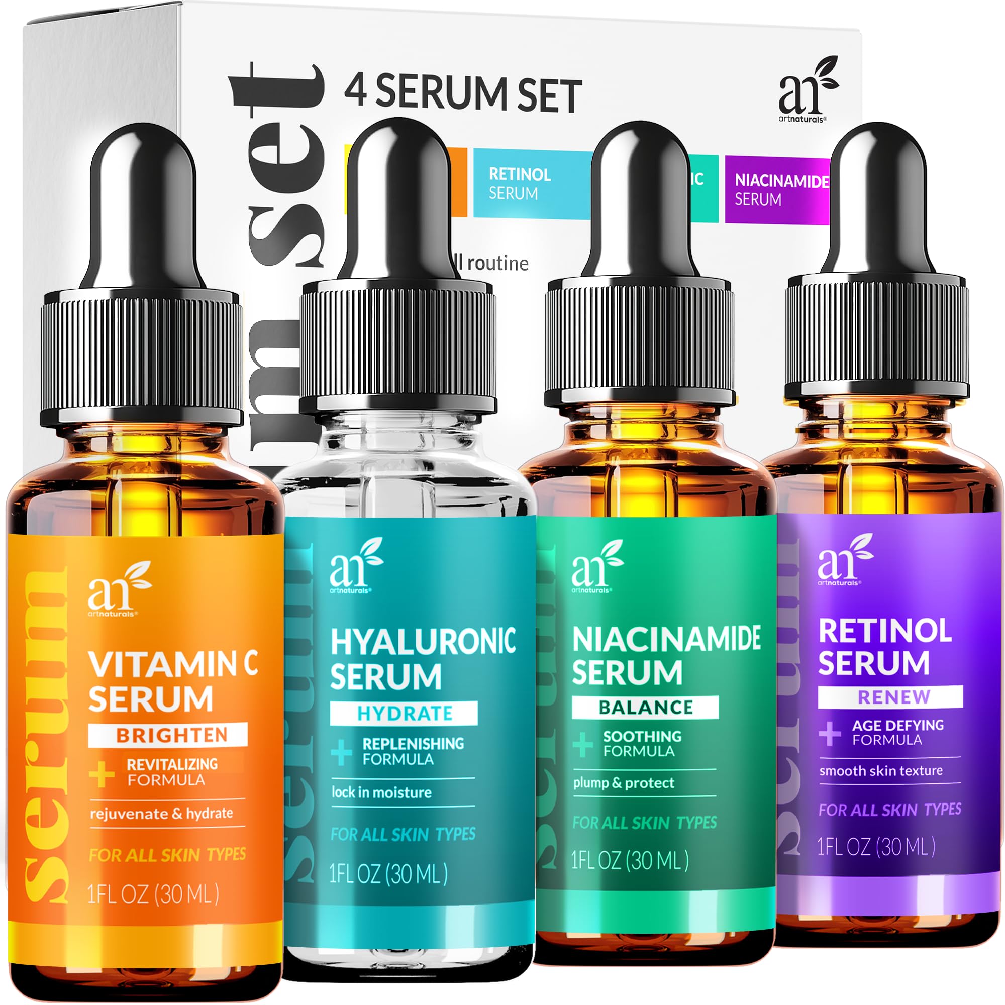Artnaturals set sérums vista frontal mostrando las cuatro piezas para rutina completa