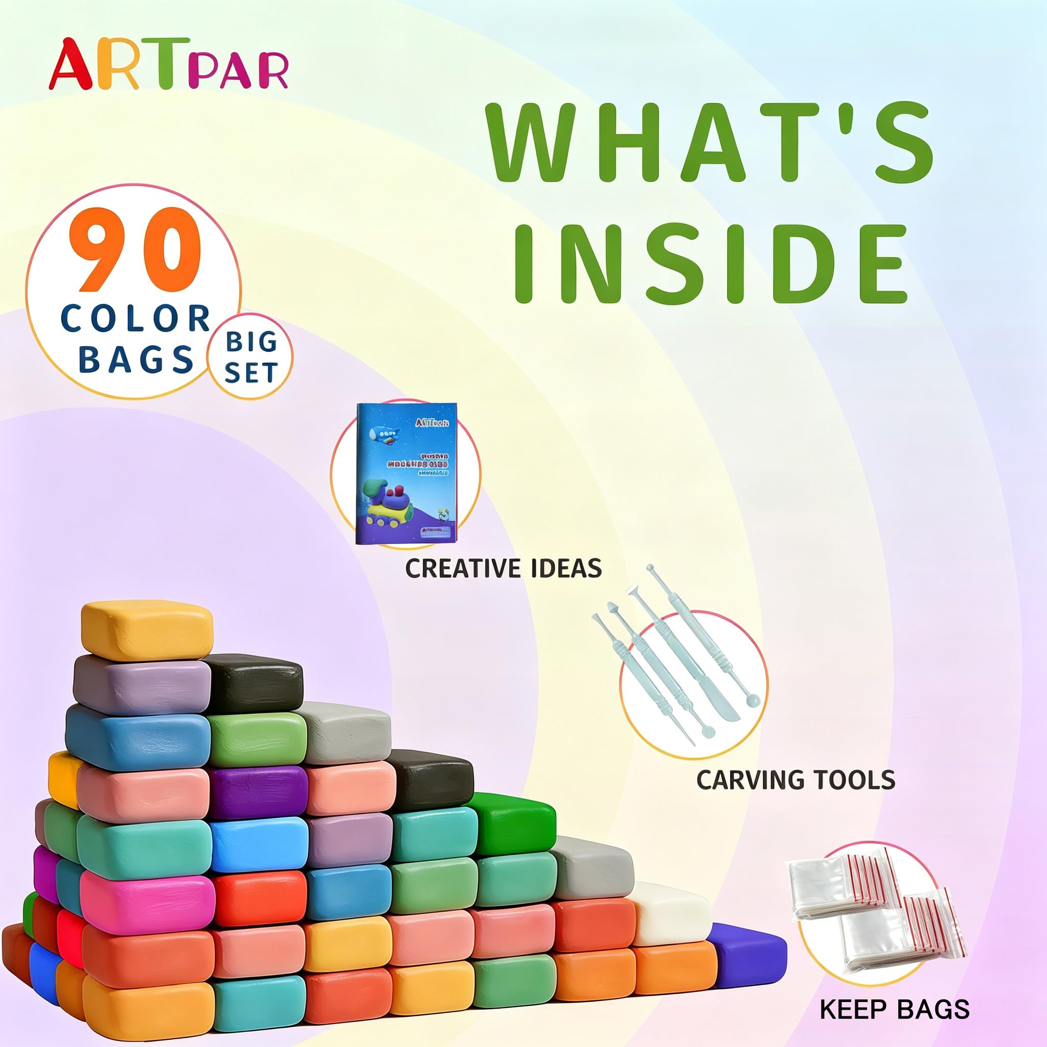 ARTPAR overhead spread of 90 vivid clay colors illustrating mixing possibilities