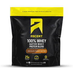 Ascent front packaging showing chocolate peanut butter flavor and key benefits