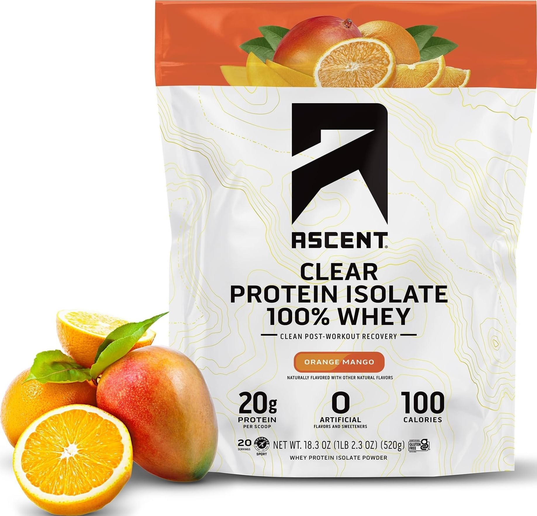 Ascent frasco frontal del Clear Whey mostrando el sabor Naranja Mango y beneficio refrescante