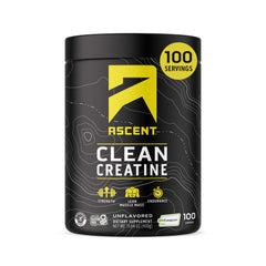 Ascent Creapure frontal del envase mostrando 100 porciones y marca, confianza en pureza