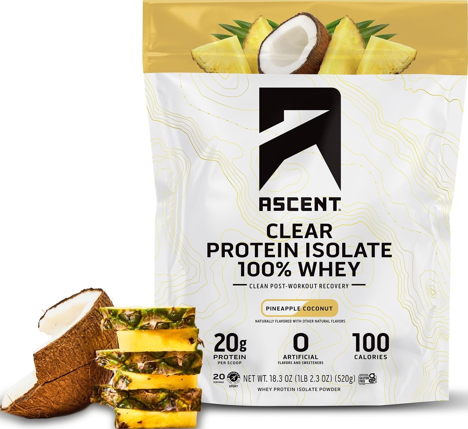 Ascent front packaging showing pineapple coconut flavor and 20 servings benefit
