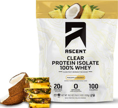 Ascent front packaging showing pineapple coconut flavor and 20 servings benefit
