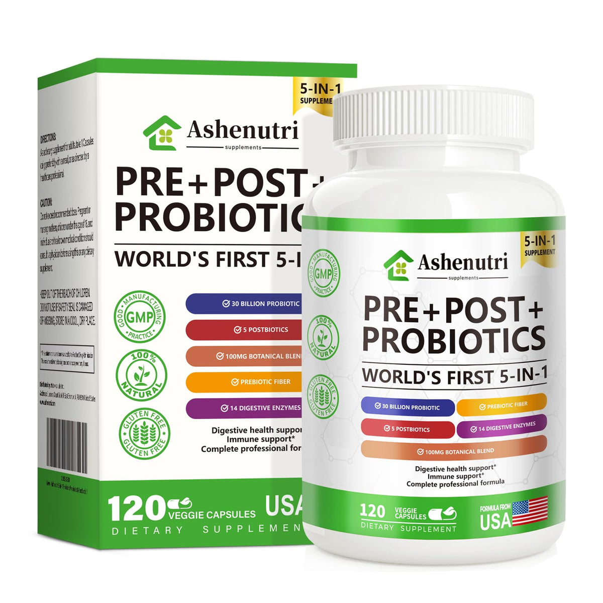 Ashenutri frente del empaque mostrando suplemento y beneficio de soporte intestinal