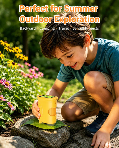 Child holding Ashfly microscope demonstrating portable use
